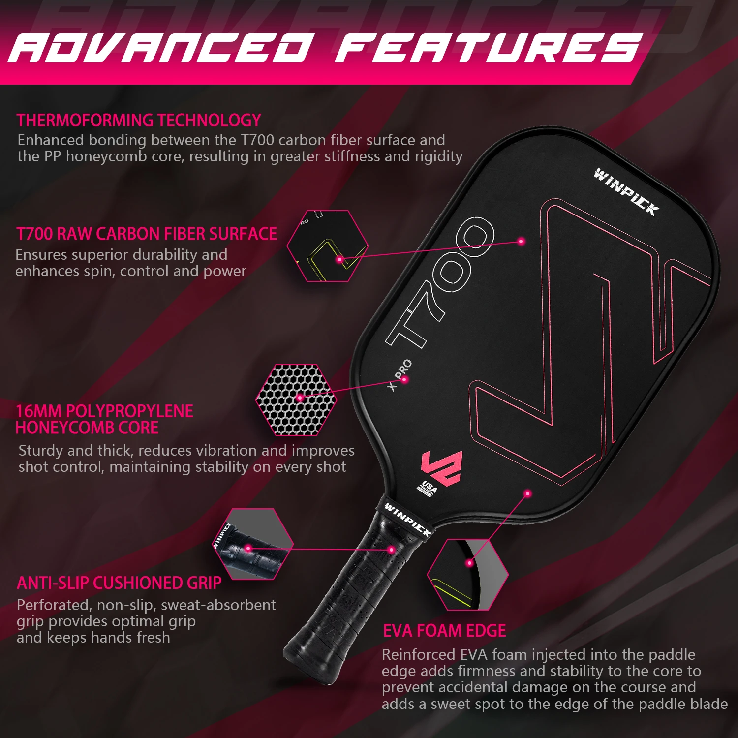 Winpick-fibra de carbono Pickleball Paddle, termoformado RAW T700, aprovado pela USAPA, antiderrapante conforto Grip, Ultimate Spin e consistência
