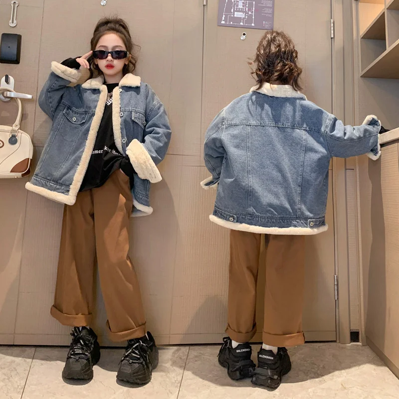 Girls Coat Jacket Winter Cotton Windbreak 2023 Cool Jean Warm Plus Thicken Teenagers Overcoat Snowsuit Children\'s Clothing