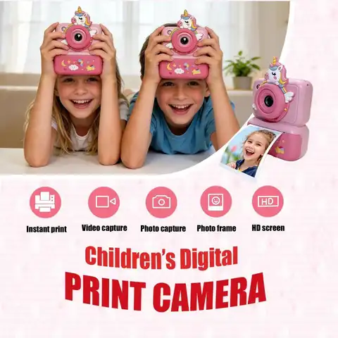 Cute Unicorn Kids Instant Print Digital Camera Toy HD Photo Selfie Camera Portable Creative Educational Toy Halloween Christmas Birthday Gift for Toddler Boys Girls Children