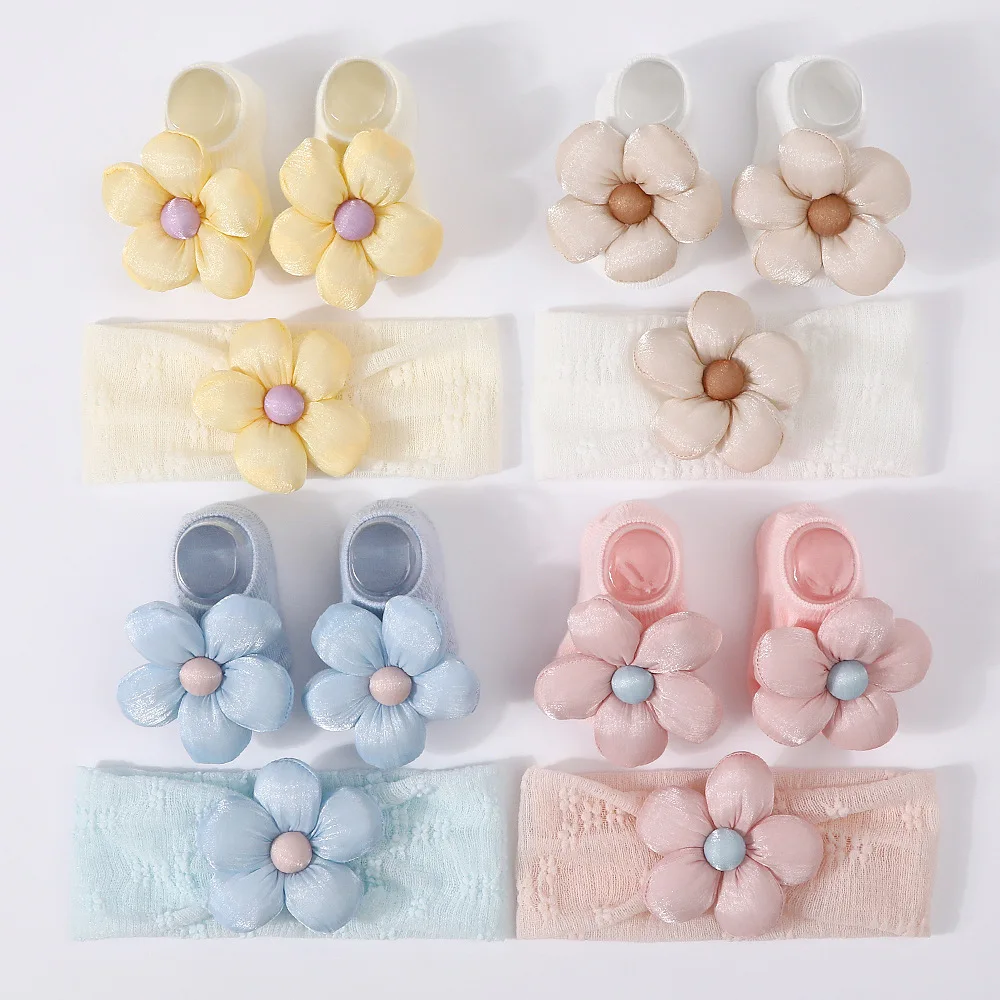 New 1Set Newborn Lace Floral Headbands Jacquard Socks Cute Baby Soft Sole Prewalker Sock Girl Infant Knitted Hairband Socks