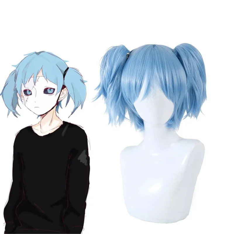 

Sally Face Cosplay Props Sally Wig Short Blue Heat Resistant Synthetic Hair Clip Ponytails Wigs