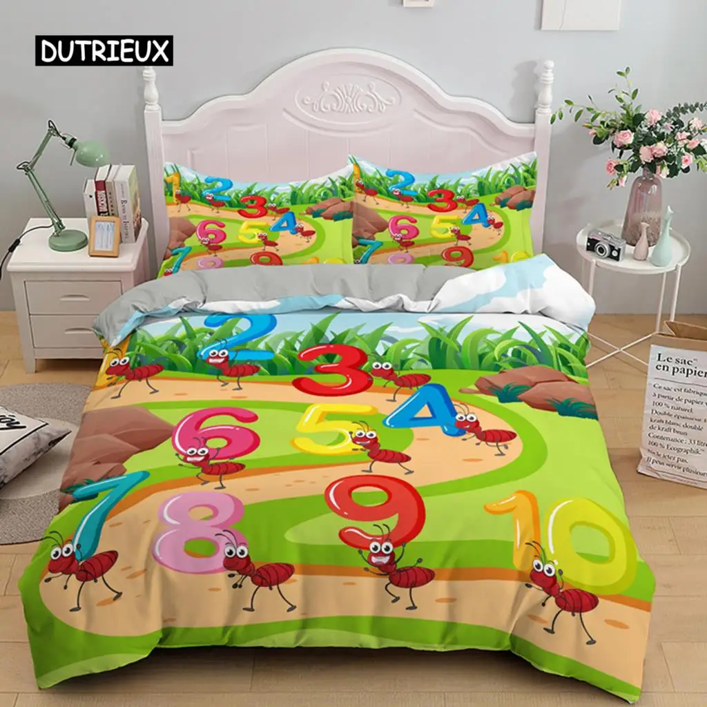 

Cartoon Numbers King Queen Duvet Cover Lovely Animals Bedding Set Kids Colorful English Alphabet 2/3pcs Polyester Quilt Cover