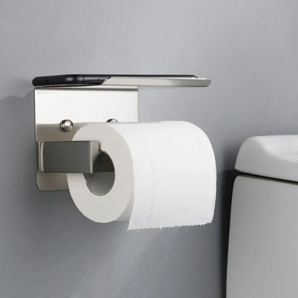 Modern Wall Mount Toilet Paper Holder Space Saving Self Adhesive Cell Phone Holder Stainless Steel Paper Roll Shelf Bathroom Use