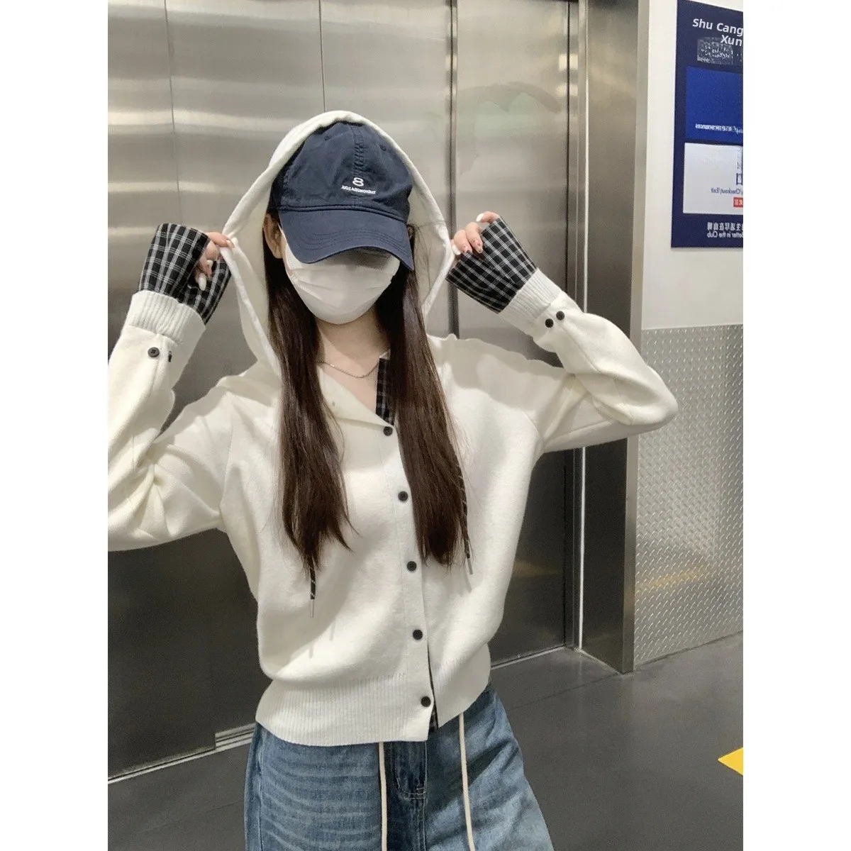 

Korean Sle Hooded Dstring Andy Fce Knitted Cardigan Sweater Women's Regular Fit Long Sve Color Outerwear