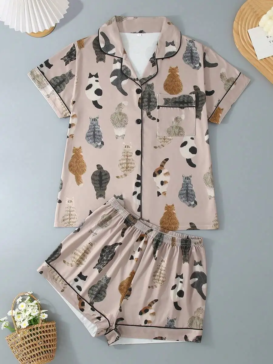 Women Short Sleeve Pajama Set With Cat Print Collar Top And Elastic Waist Shorts