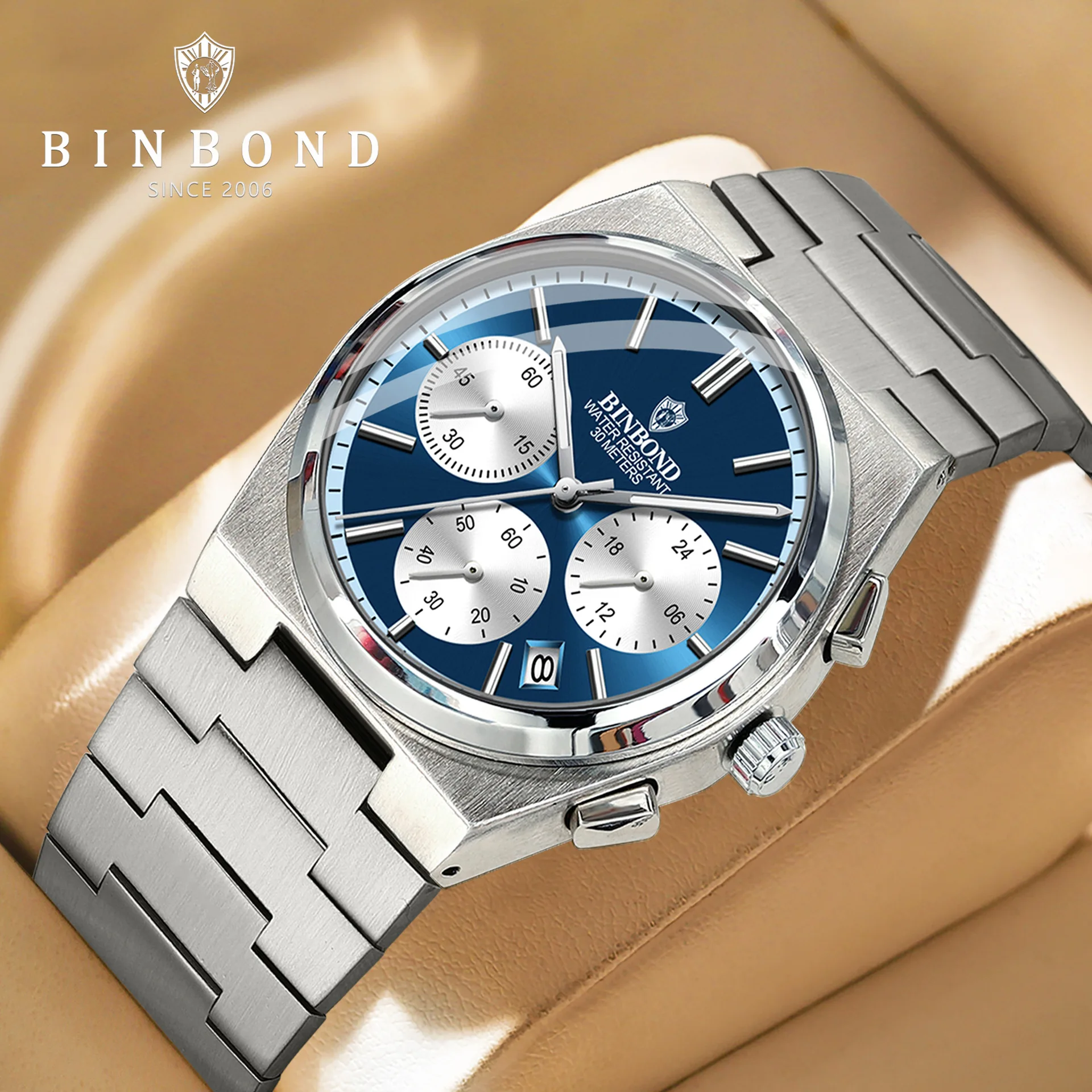 

BINBOND Роскошные мужские кварцевые часы, водонепроницаемые часы с ночником и таймером даты, мужские модные мужские часы из нержавеющей стали Reloj