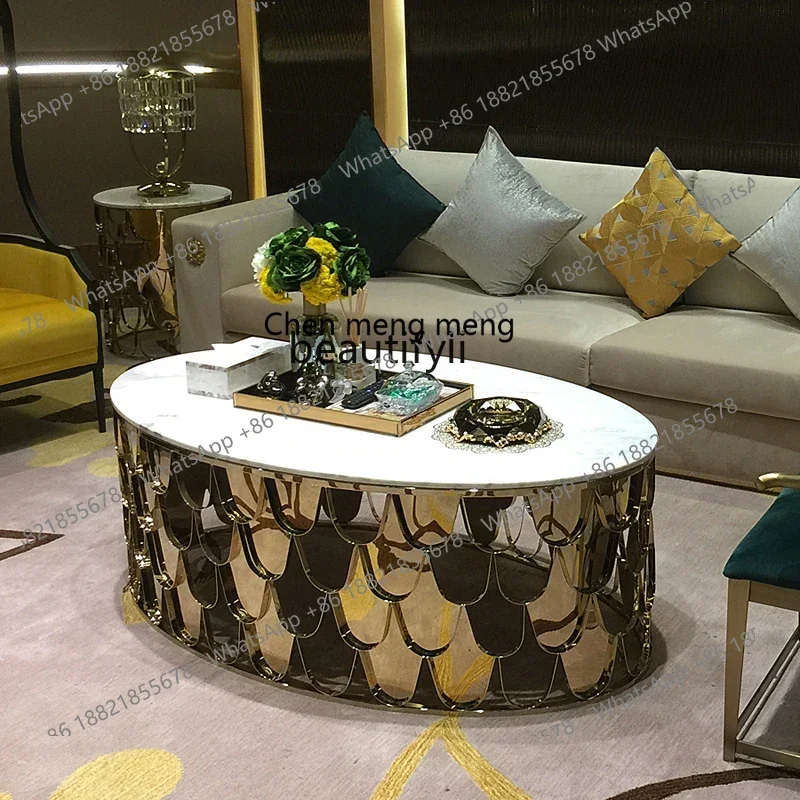 178Stainless steel fish scale oval coffee table personalized light luxury household living room marble sofa edge table2936