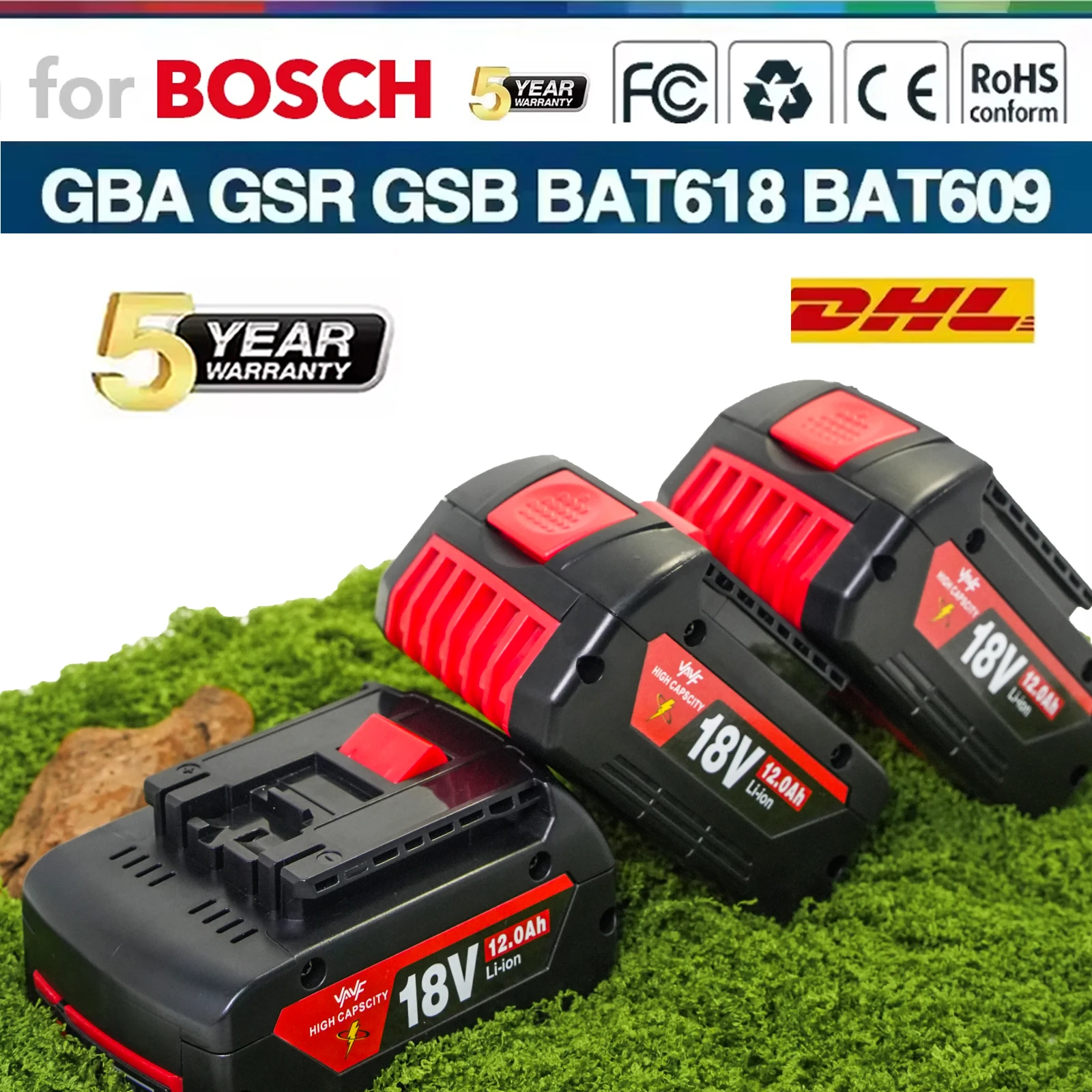 

AL1820CV+BAT610G for Bosch professional 18V 12.0AH Li-ion battery replacement with LED & for Bosch quick charger 18V