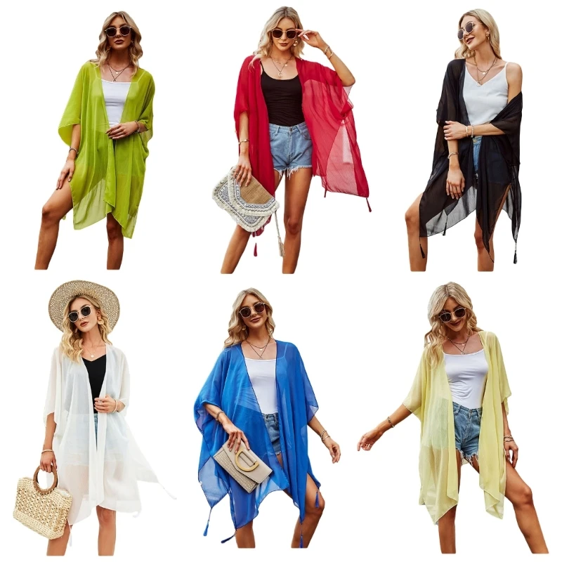 2024 New All-matching Swimsuit Cover Up for Women Solid Open Front Casual Cardigan with Tassels Short Sleeves Kimono Beachwear