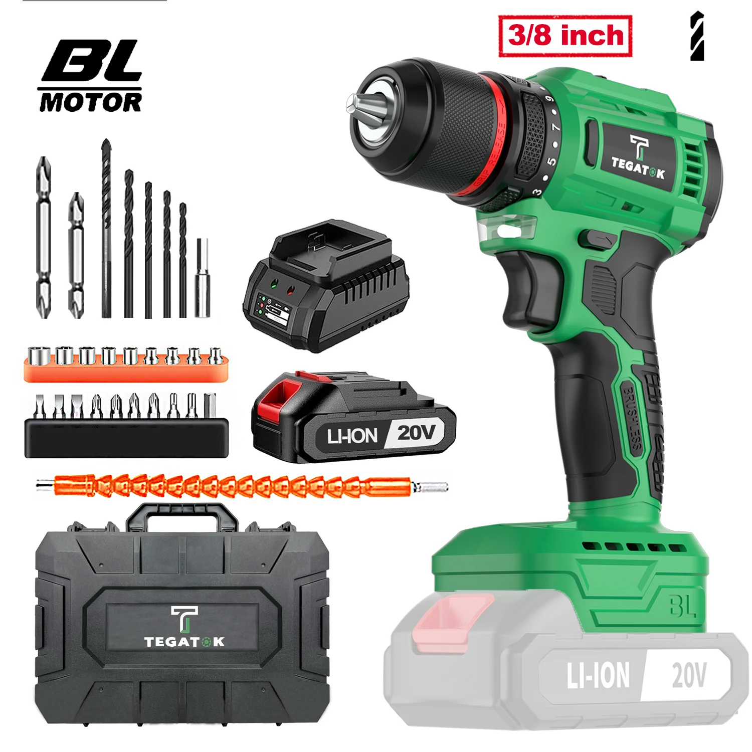 

Tegatok 20V Portable Cordless Power Drill Set with 2Ah Rechargeable Battery 3/8-inch Keyless Chuck