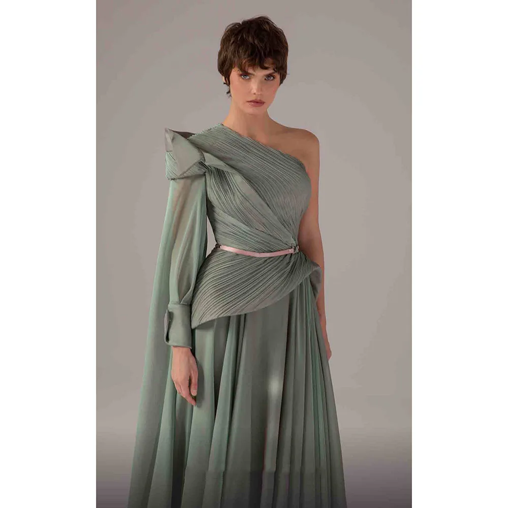 فساتين سهرة طويلة بكتف واحد مخصصة أنيقة للمناسبات الرسمية فساتين حفلات شيفون بطيات وشاح بطول الأرض فساتين حفلة موسيقية