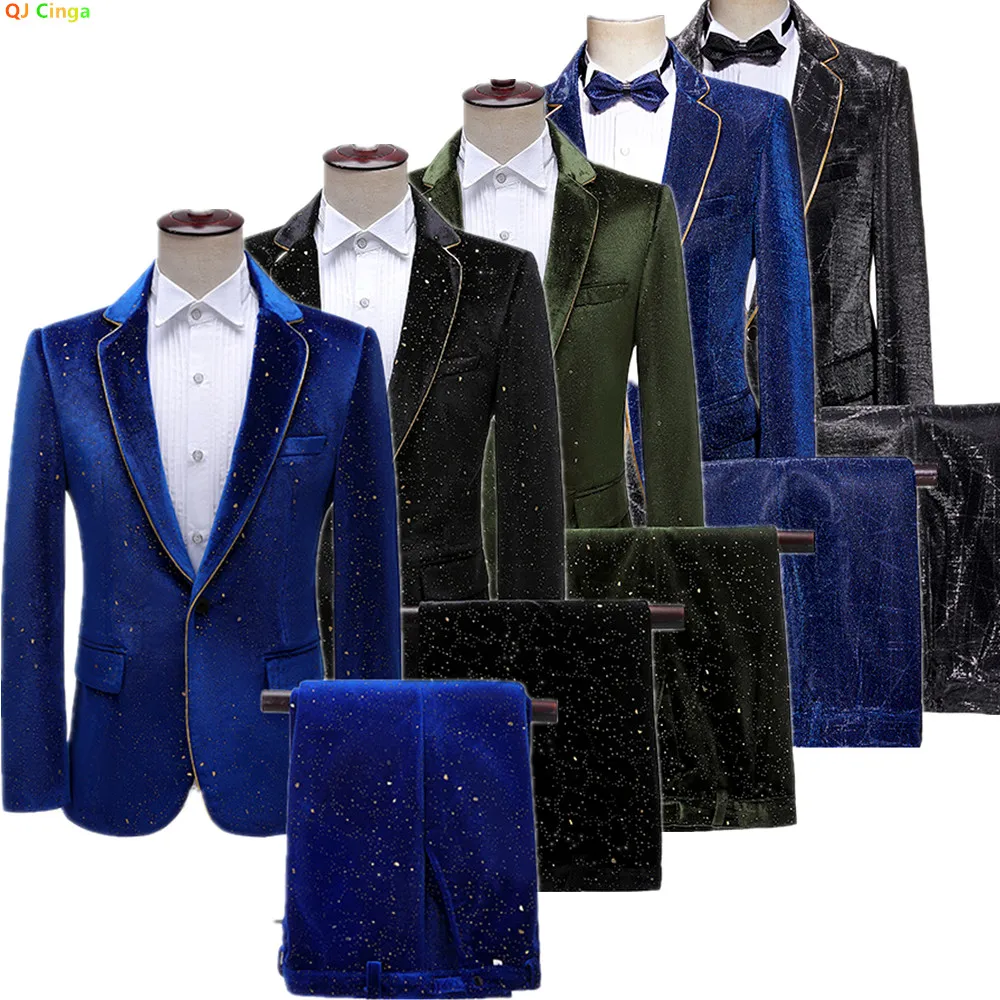 

Elegant Men's Blue Two-piece Suit Featuring A Tuxedo Jacket and Pants with Gold Polka-dot Accents,Perfect for Weddings Parties.