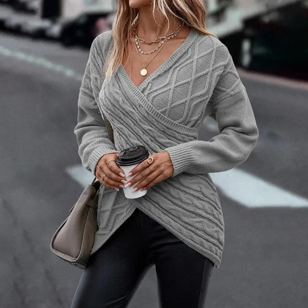 Women Knitted Pullover Stylish Twist Pattern Knitting Sweater Autumn Winter Slim Fit Women Sweater V Neck Solid Color Knitwear