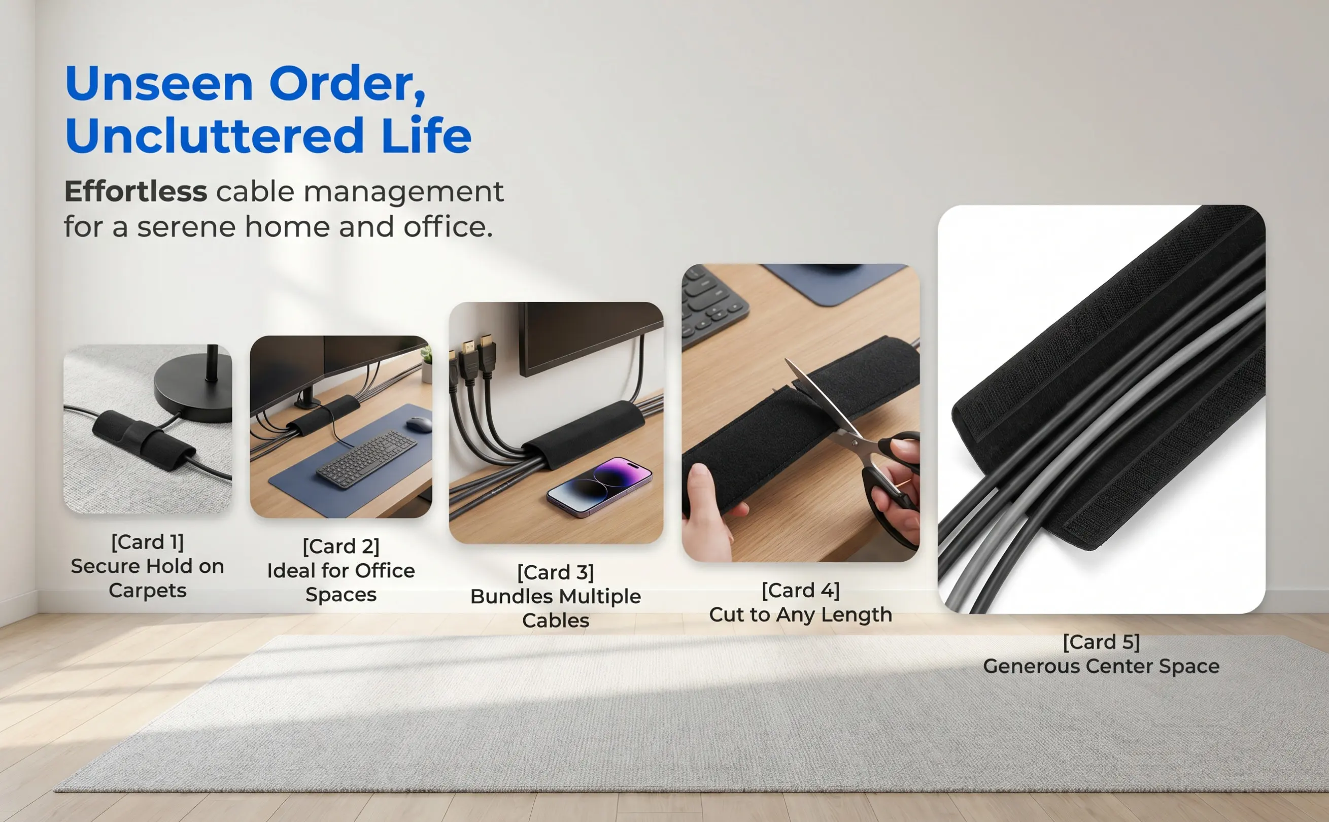 3 Meter Cable Cover Floor Cord Protector Hook Loop Strap Heavy Duty Thick Cable Grip Strip Carpet Cord Organizer