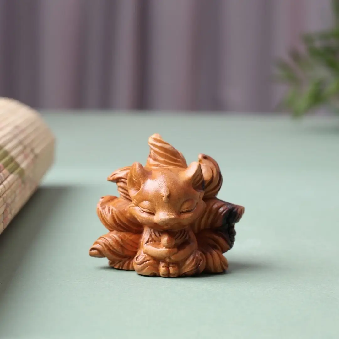 Hand Carved Wood Riding a nine-tailed fox Statue Figurine Desktop Ornaments Home Decoration