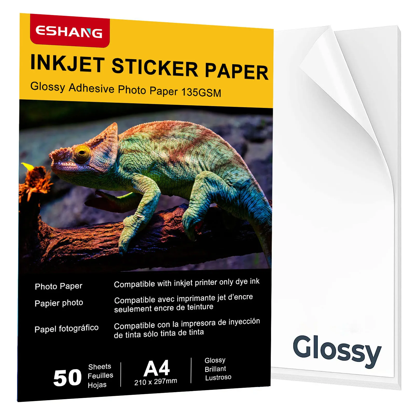 ESHANG Samoprzylepny papier fotograficzny, błyszczący papier samoprzylepny A4 do drukarek atramentowych, 8,3 x 11,7 cala, 50 arkuszy, 135 g/m2 36Ib