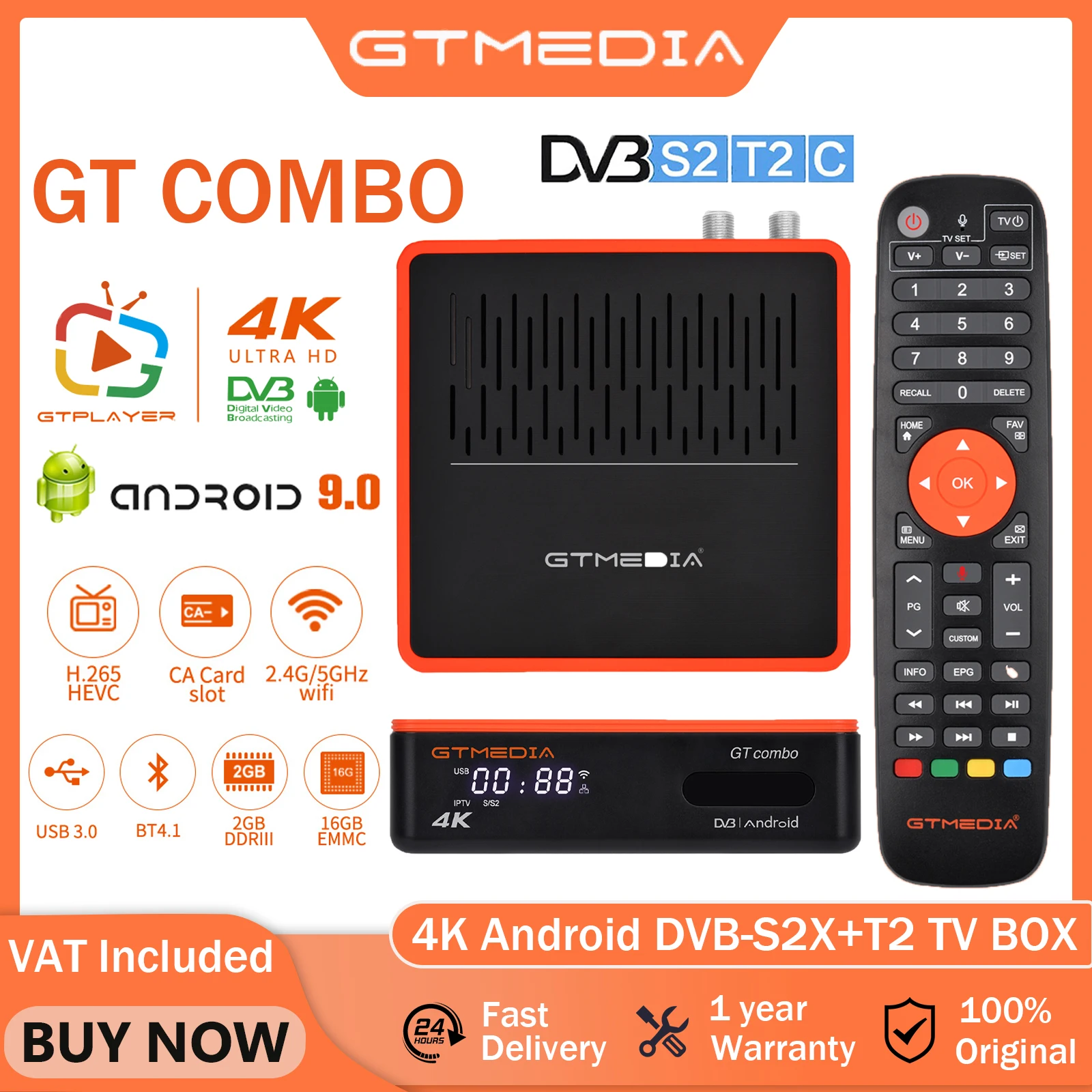 GTMEDIA GT COMBO Satellite Receiver 4k UHD Android 9.0 TV BOX DVB-S2/T2/Cable/ISDB-T,2.4G/5G WIFI,Support CCAM/M3U Home Theater