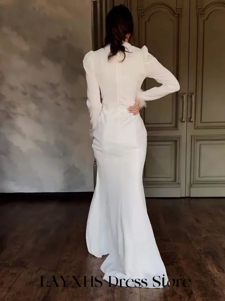 LAYXHS Elegant Formal Evening Dresses Long Sleeves Shiny Beaded Feather Mermaid Prom Dresses Customized فستان سهرة نسائي