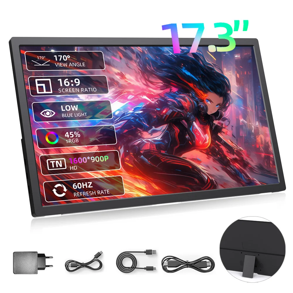17.3 Inch Portable Monitor Gaming Accessory for Notebook Laptop PC Nintendo Switch PS4 Xbox Series S Steam Deck