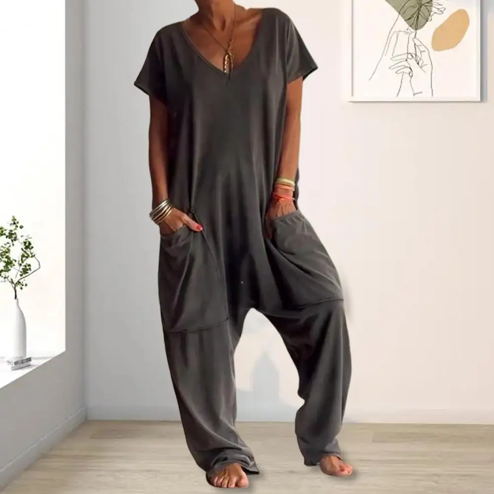 Women Loose Jumpsuit Versatile Women's V-neck Jumpsuit Stylish Comfortable Functional with Crotch Big Pockets Solid Color Design