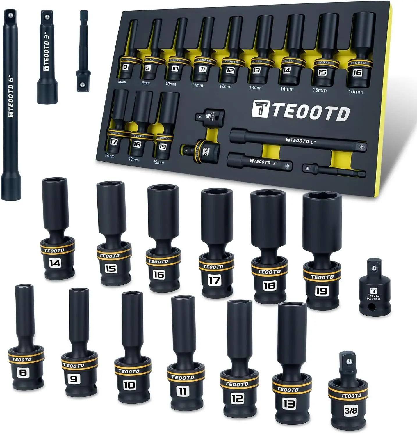 

17PCS 3/8" Drive Swivel Socket Set, Metric 8-19mm, CR-MO Impact Universal Sockets with Extensions