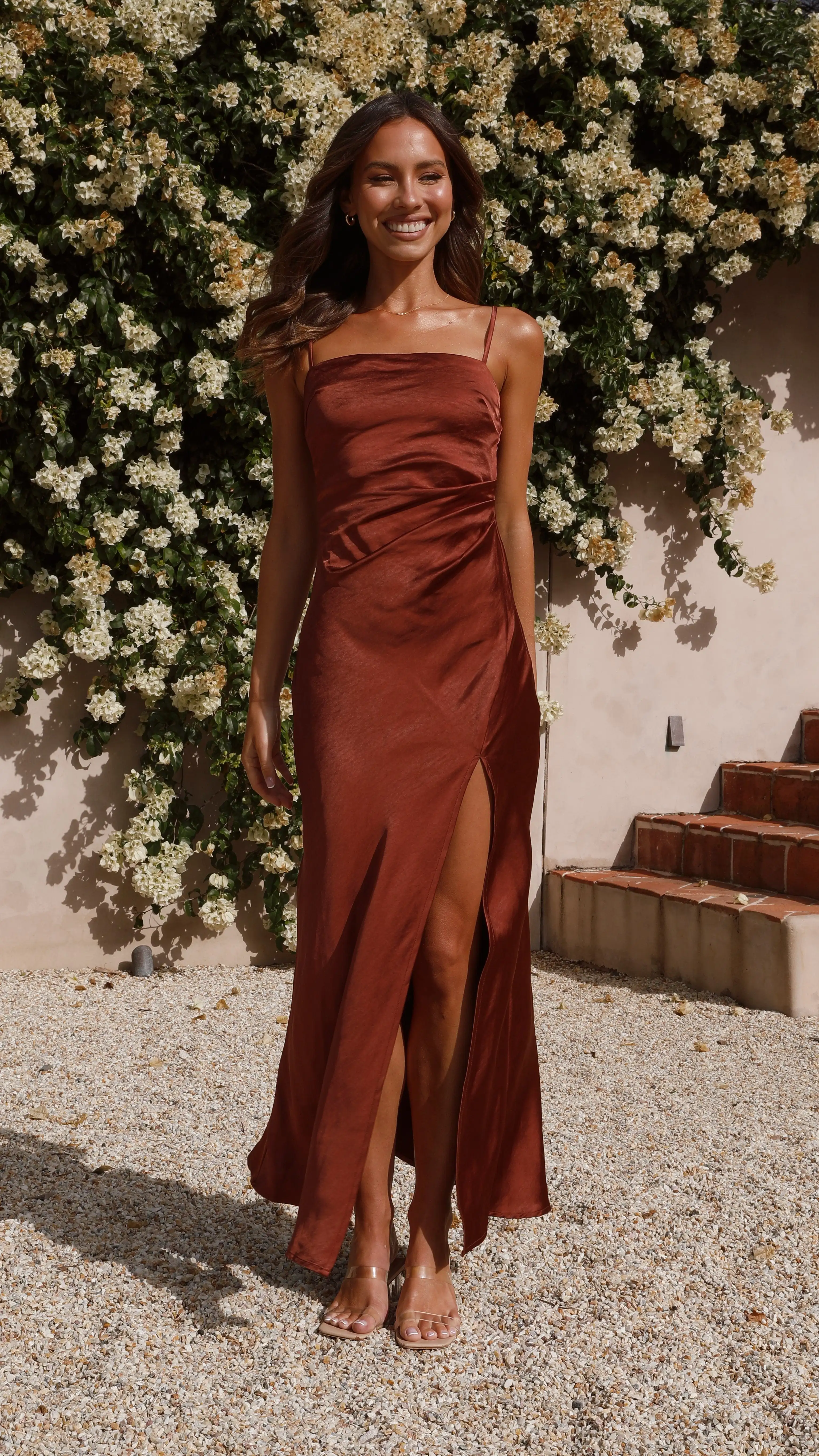 ICCLEK Maxi Dress - Rust Satin Bridesmaid Dress Temperament Ruffle Sisters Group Wedding Party Dresses Square Neck