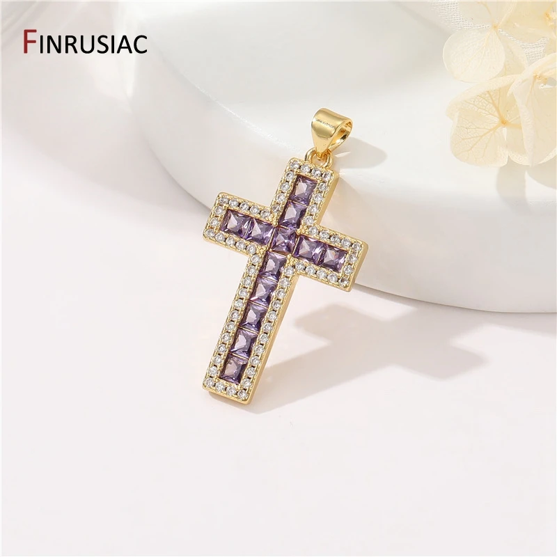 14K Gold Plated Brass Colorful Cubic Zirconia Large Cross Pendant For Religious Faith Charm Necklace Jewelry Making Accessories