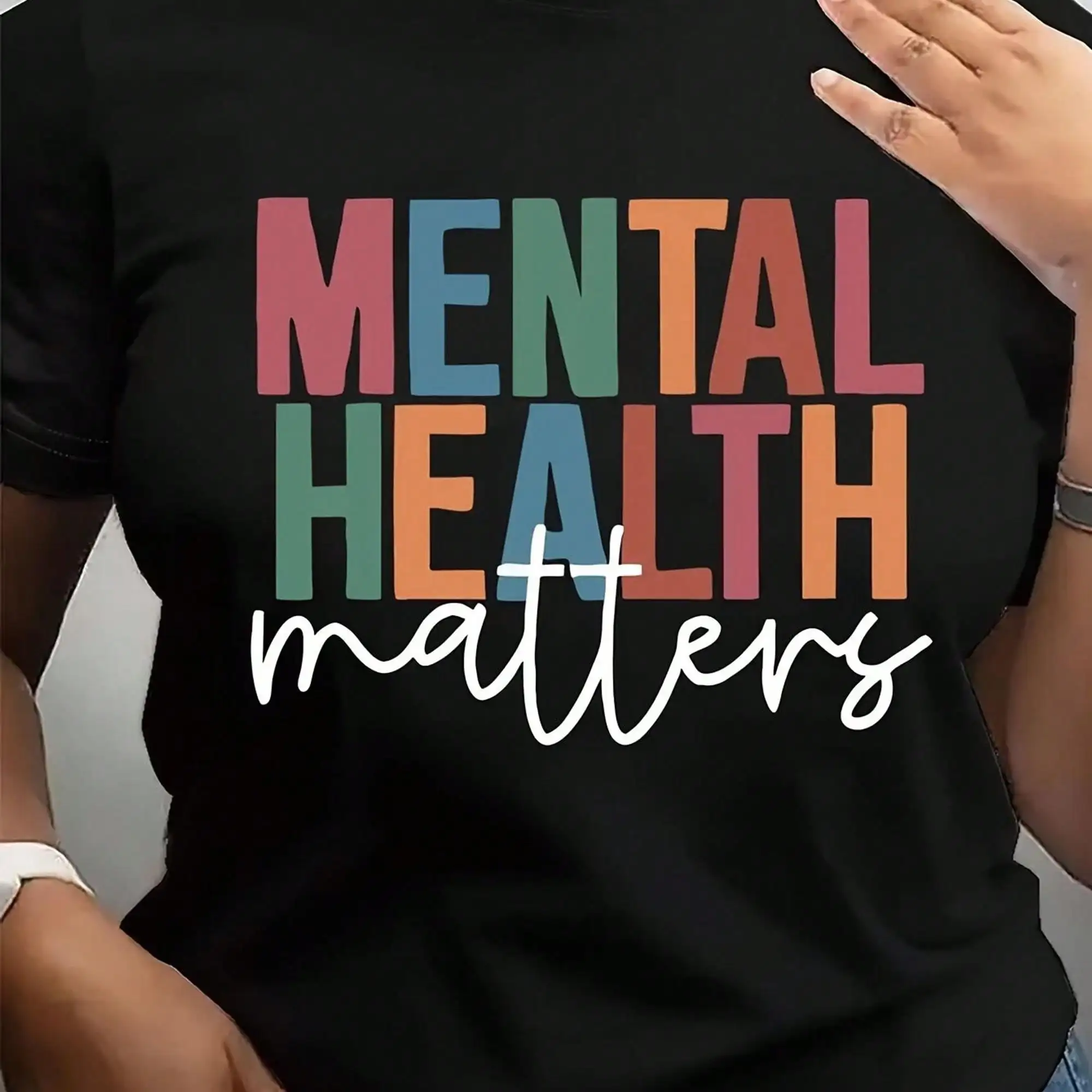 Colorful Message Tee - Women'S Mental Health Awareness T-Shirt With Geometric Design, Black Casual Short Sleeve Round Neck Top, Easy To Wash, Comfortable For All Seasons, Everyday Wear, Fit Shirt