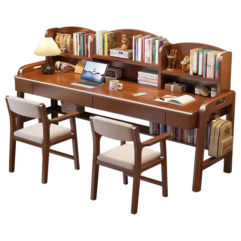 Solid Wood Double Desk Bookshelf Integrated Children's Writing Table For Bedroom Study Primary School Students' Computer Desks