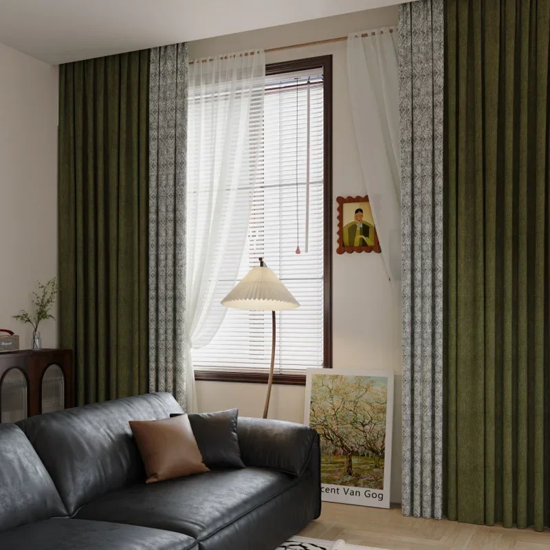 French Window Balcony Customized French Retro Dark Green Thickened Jacquard Chenille Patched Curtains For Living Room Bedroom
