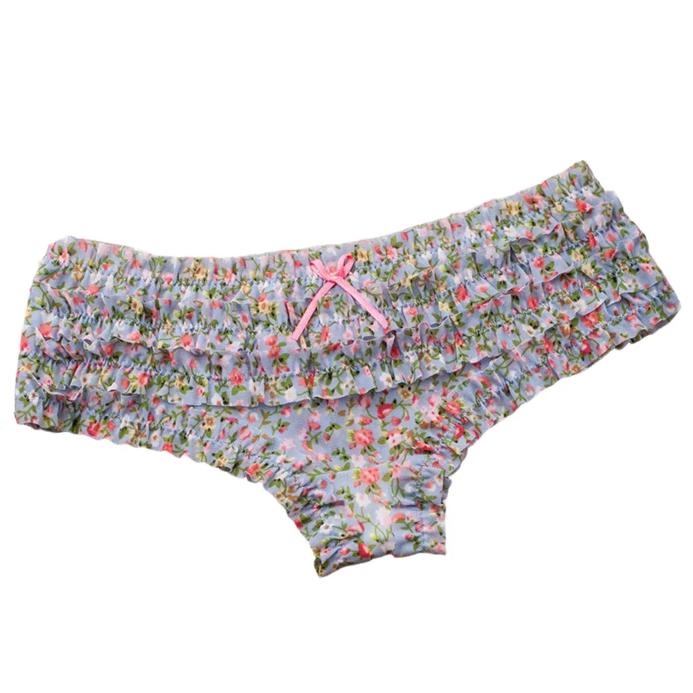 Lace Mesh Low Waist Briefs for Women with 3D Ruffled Layers Polka Dot Flower Print Breathable Underwear 95% Nylon 5% Spandex