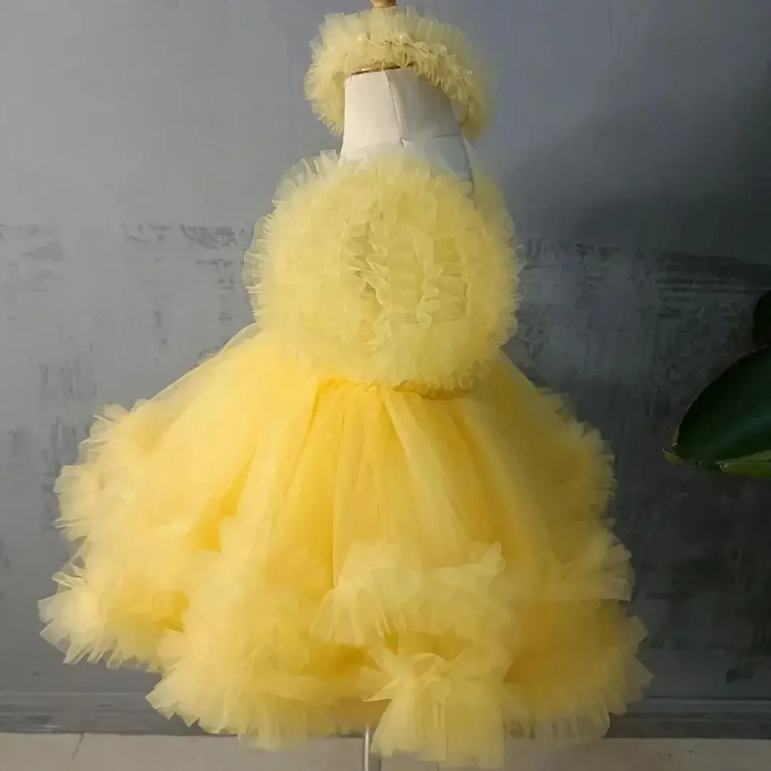 Vestido amarelo Puffy Tulle Flower Girl, vestido de baile em camadas, pescoço completo, apto para casamento, festa de aniversário, criança, bebê, crianças