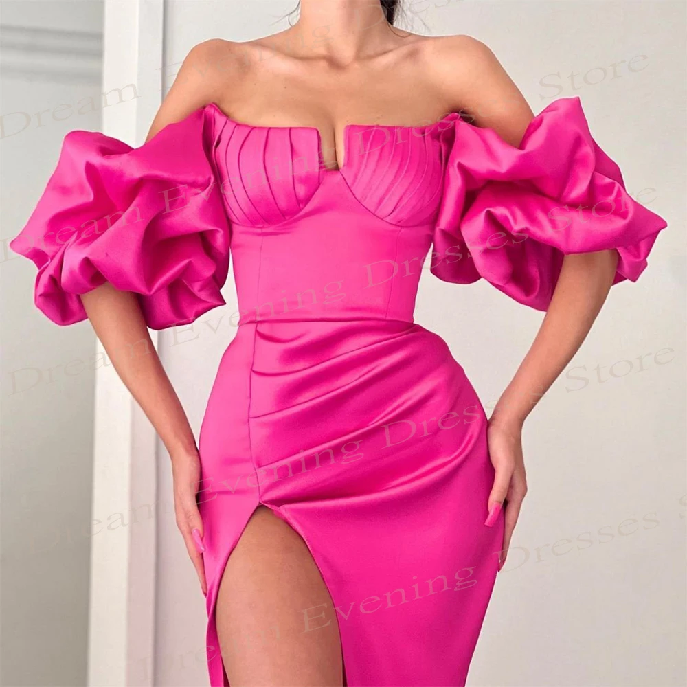 Vestidos de noite folheados femininos sem ombro, vestidos de baile rosa, robe dividido lateral, simples, moderno, quente, rosa, 2024