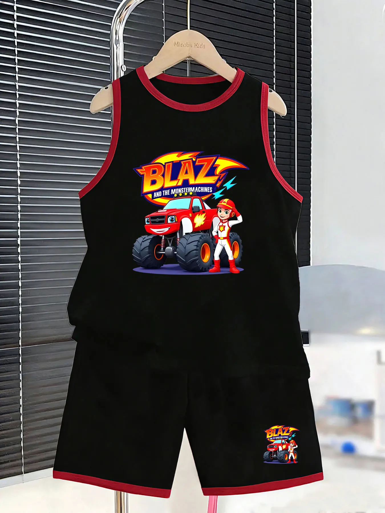 Boys' Monster Truck-themed Tank Top and Shorts Set, creating a vibrant summer fashion look. Selected skin-friendly and breathabl