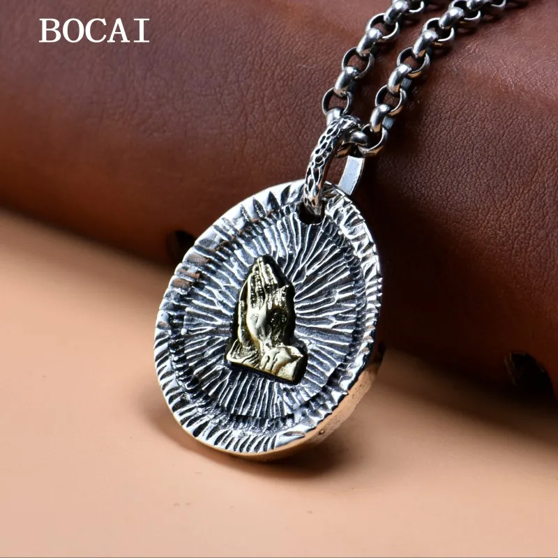 BOCAI S925 Sterling Silver Pendant Retro and Personalized Hip-hop Style Prayer Hand Pendant Men's and Women's Gift Jewelry