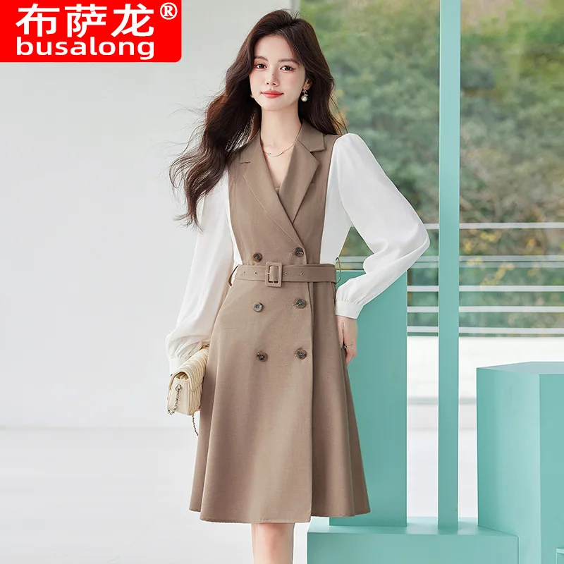 Khaki Suit Dress for Women2023Autumn New High-End Elegant Professional Outfit Fake Two-Piece Dress