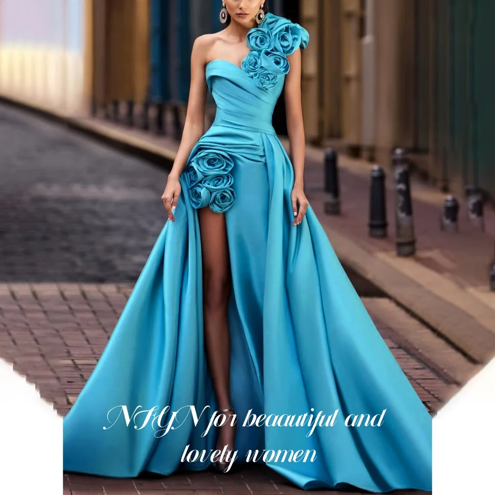 

NFYN Blue Elegant Prom Dress 3D-Flowers One Shoulder Sweetheart Prom Gown Side High Split Chic Woman Evening Dresses Customized