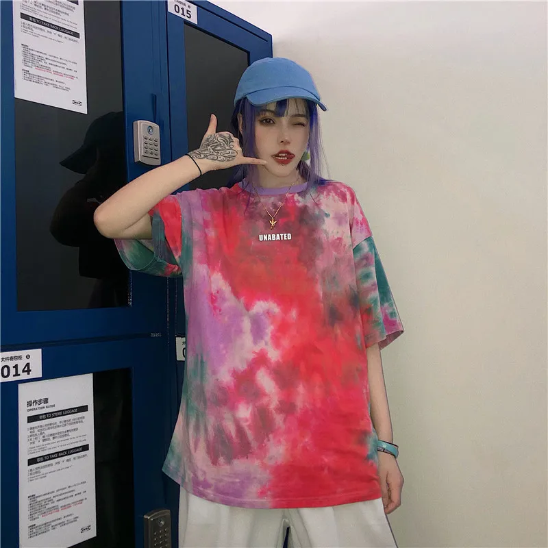 Roupas vintage de rua Y2K punk Harajuku tie dye top de manga curta para mulheres de verão 2024 moda em torno do pescoço solto hip-hop