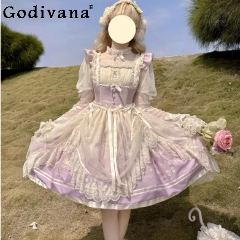 

Elegant Lolita Sweet High Waist Princess Big Swing Suspender Dress Fashion Age Reduction Temperament Square Neck Fairy Dresses