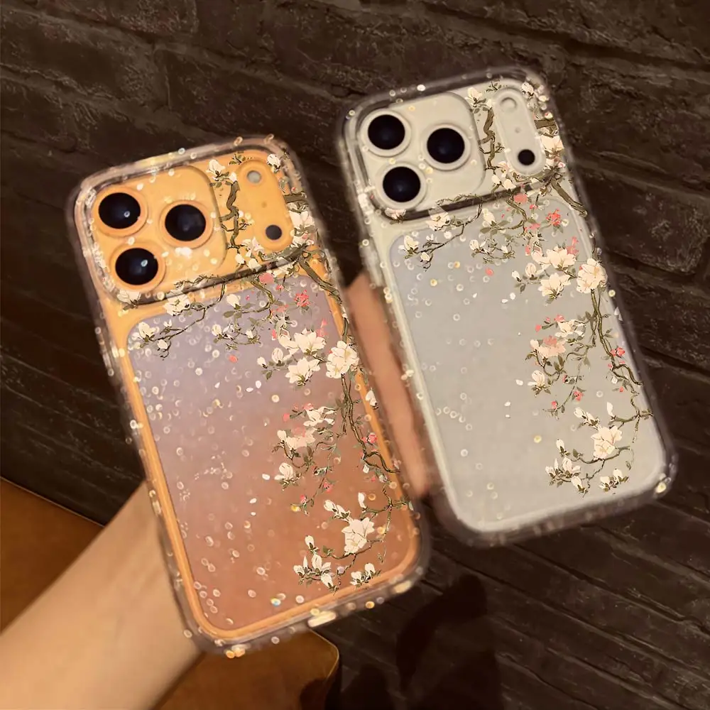 Vintage Magnolia Flower glitter Phone Case For iPhone 17 16 14 12 13 15 11 Pro Max Air 16 15 14 Plus 17E 16E X XR Soft TPU Cover view 6