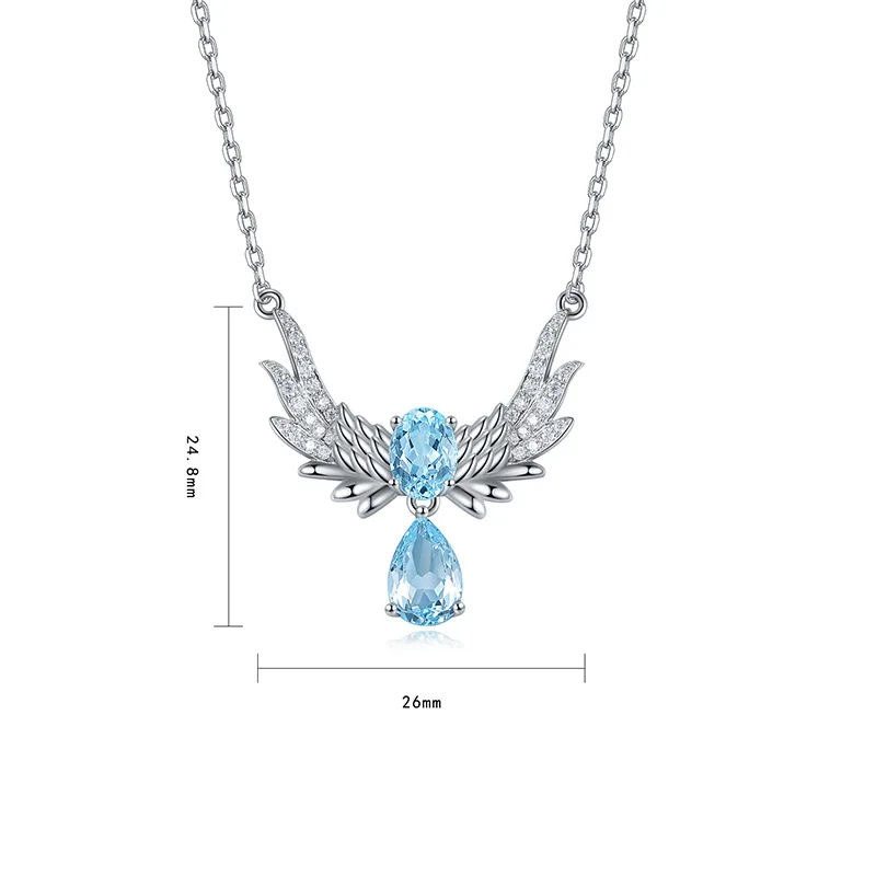 

S925 Silver Angel Necklace Trendy Link Gold Pendant Featuring Heart-Shaped Aquamarine Stylish Accessory for Young Anniversary