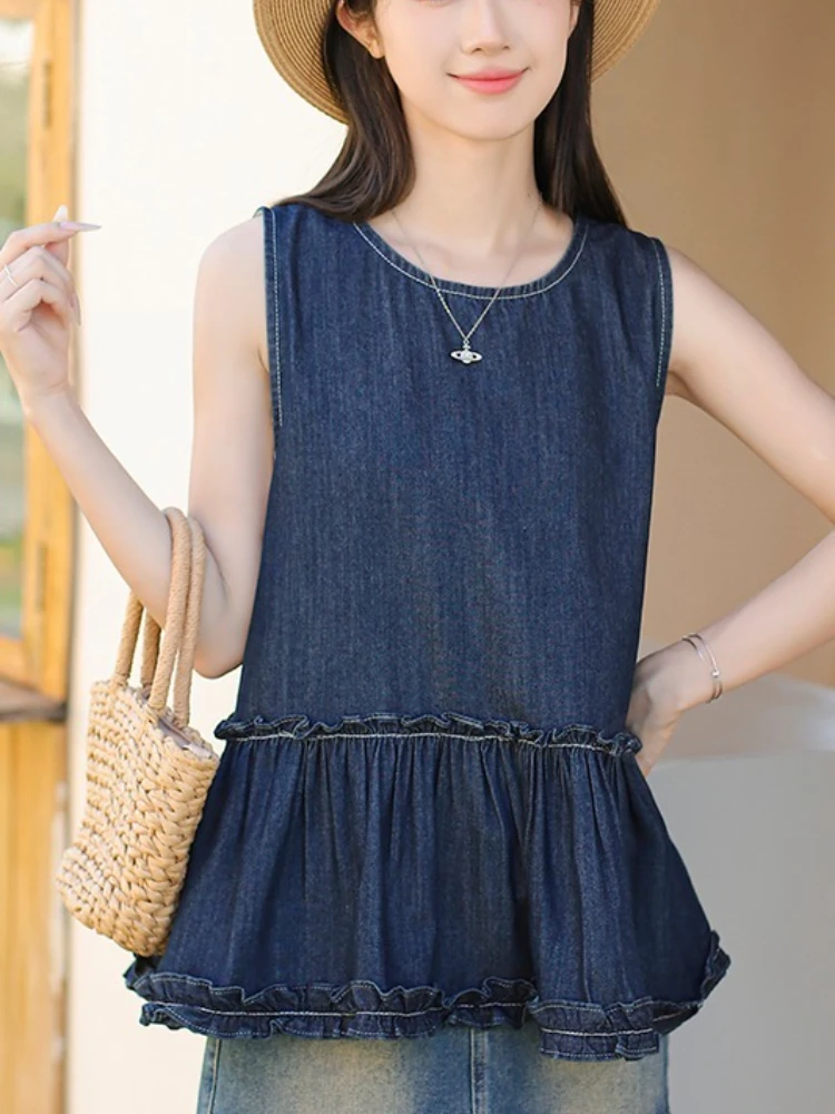 خمر الكشكشة أكمام المرأة سترة جينز القمم 2025 جديد الصلبة عادية فضفاض س الرقبة الجينز تي شيرت الإناث