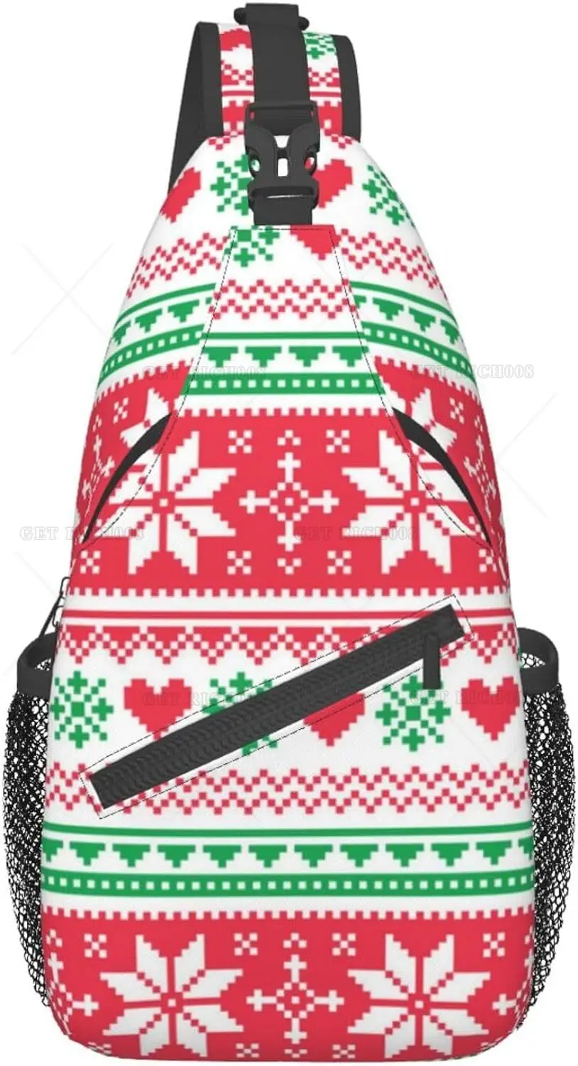 

Red and Green Sweater Pattern Christmas Snowflake Crossbody Sling Backpack Sling Bag Travel Hiking Chest Bag Daypack One Size