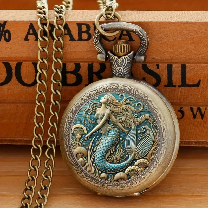 Exquisite Vintage Mermaid Pattern Pocket Watch Design with Necklace,Precise Quartz Movement Watch,Great Gift for Women and Girls
