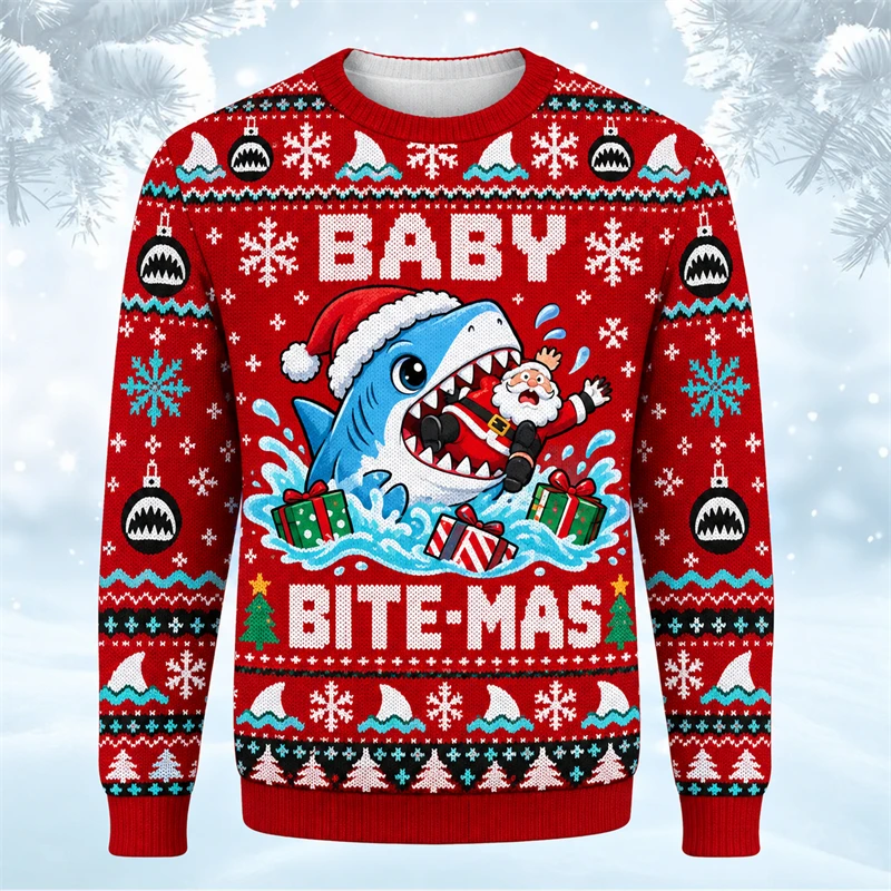 Funny Santa Claus Shark Graphic Christmas Sweatshirt Men Women 3D Print Ugly Sweater 2026 New Long Sleeve Sweater Pullover Gift