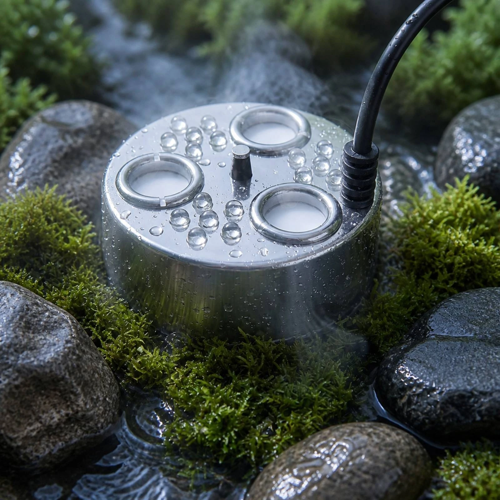 3-Head Pond Fogger Corrosion-Resistant Mist Maker with LED Lights High-Frequency Fogger High-Efficiency Humidifier Compact
