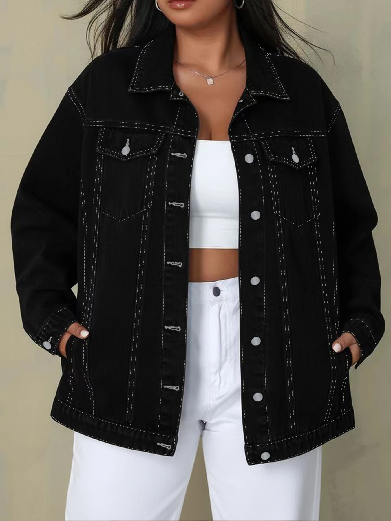 Plus Size Women's Oversized Black Denim Jacket, Long Sleeve Button Down Lapel Jean Coat with Contrast Stitching
