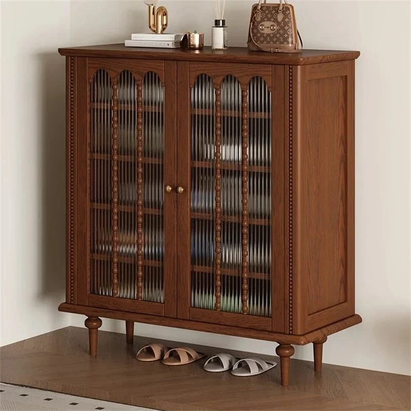 & High Capacity Shoe Rack Wall-mounted Solid Wood shoe Cabinet French Designer Furniture Mid-Century Vintage  Entryway Space