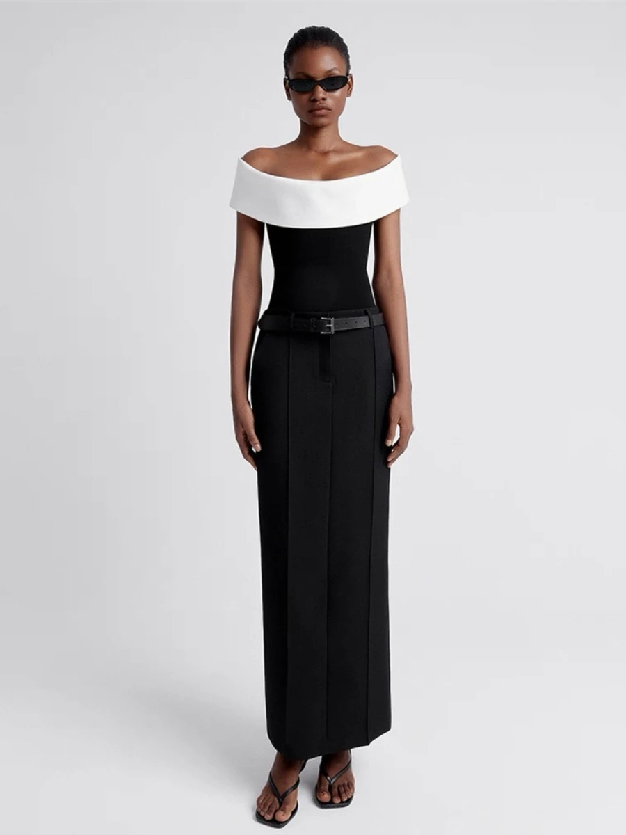 VGH Hit Color camiseta de oficina para mujer cuello barco fuera del hombro adelgazante Tops de punto minimalistas ropa femenina de otoño nueva