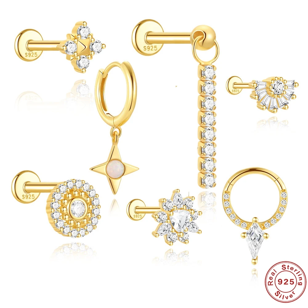 

AIDE 925 Sterling Silver Opal Zircon Flat Head Threaded Piercing Stud Earring For Women Gold Color Handmake Ear Bone Studs 1pc